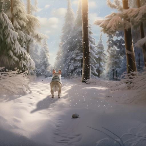 Ultra realistic - winter scene forest path on a walk with an all blonde / cream French bulldog no tail wearing a sage green winter scarf ahead in the far distance, facing away from the view. Lots of snow, pines, winter. ultra realistic, photo realistic.