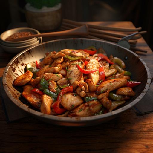 Ultra realistic Chicken Stir-Fry plate on wooden table, close up –ar 4:3