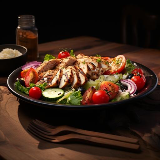 Ultra realistic Greek Salad with Grilled Chicken matte black plate on wooden table, close up –ar 4:3