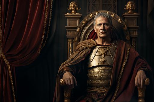 Ultra-realistic Julius Caesar, about 50 years old, with grey hair and the beginnings of baldness. He is dressed as a Roman soldier and he wears a gold laurel wreath on his head. You can see his hands. He sits on his golden throne.