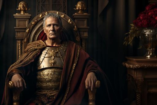 Ultra-realistic Julius Caesar, about 50 years old, with grey hair and the beginnings of baldness. He is dressed as a Roman soldier and he wears a gold laurel wreath on his head. You can see his hands. He sits on his golden throne.