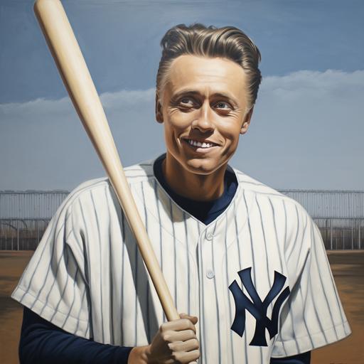 Ultra realistic, a portrait of the famous actor Christopher Walken, he is dressed in a New York Yankees baseball uniform, the clothes have the classics white with blue pinstripes, he is holding a wooden baseball bat, he is smiling as if he is thinking about being part of the team as he looks out into the horizon