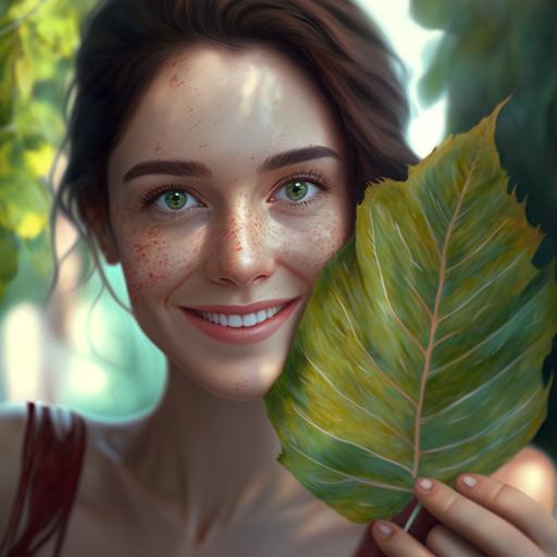Ultra-realistic image, 8k image, HD image, very attractive young woman with leaf-colored eyes holding out her hand, big smile, paradise in the background.
