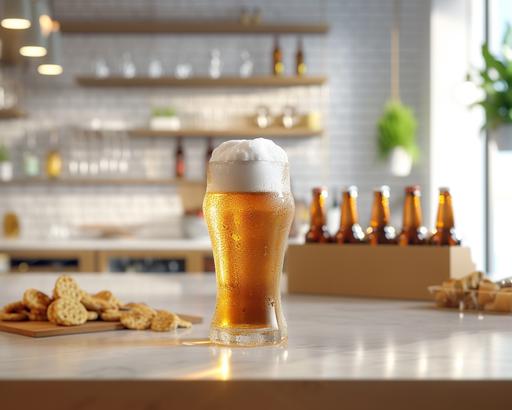 Ultra-realistic photo in 3 planes. In the first plane, a bottle of beer, opened, next to a glass filled with ice-cold beer and foam to the top, on a bar table. In the second plane, a supermarket package, made of cardboard, with 6 bottles of beer, all chilled. In the third plane, a table with snacks. Natural lighting, cinematic, daylight. White background. --ar 5:4 --v 6.0