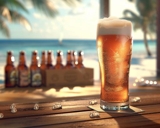 Ultra-realistic photo in 3 planes. In the foreground, a glass of ice-cold beer with foam to the top, on a bar table. In the middle ground, a cardboard packaging with 6 bottles of beer from any brand. In the background, a beach landscape on a sunny day. Natural lighting, cinematic, daylight. Bright background. --ar 5:4 --v 6.0