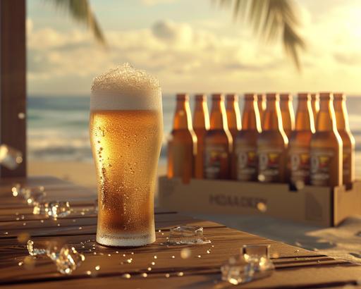 Ultra-realistic photo in 3 planes. In the foreground, a glass of ice-cold beer, on a bar table. In the middle ground, a supermarket cardboard packaging with 6 bottles of beer from any brand. In the background, a beach landscape on a sunny day. Natural lighting, cinematic, daylight. Bright background. --ar 5:4 --v 6.0