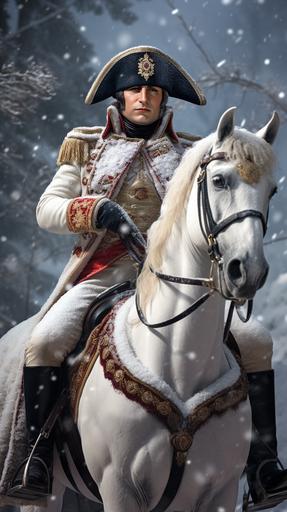 Ultra realistic photo of Napoleon Bonaparte on his white horse wearing a bicorn hat in the snow during his campaign in Russia dressed warmly because of the cold in 1812, lookig at me --ar 9:16