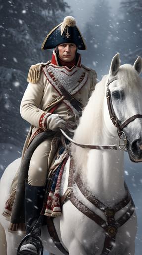 Ultra realistic photo of Napoleon Bonaparte on his white horse wearing a bicorn hat in the snow during his campaign in Russia dressed warmly because of the cold in 1812, lookig at me --ar 9:16
