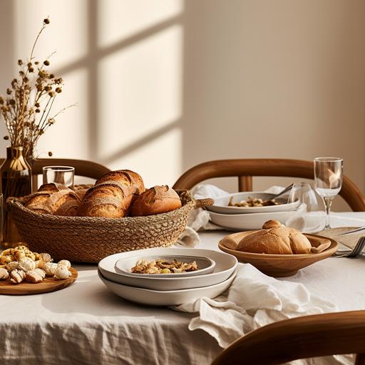 Ultra-realistic photograph set in an elegant dining setting, capturing the essence of a diverse tasting experience. The table, draped with a pristine white tablecloth, is adorned with four distinct dishes, each representing a unique culinary delight. To the left, a basket of freshly baked bułeczki (rolls) emits a warm, inviting aroma. Their golden-brown crust contrasts beautifully with the soft, fluffy interior, and a pat of melting butter on one of the rolls adds to the allure. Next to the basket, a crystal-clear glass is filled with freshly squeezed, vibrant orange sok pomarańczowy (orange juice). The juice glistens in the light, with tiny droplets of condensation on the outside of the glass, suggesting its refreshing coolness. In the center of the table, a bowl of lody truskawkowe (strawberry ice cream) steals the show. The rich, creamy texture of the ice cream is dotted with chunks of real strawberries, and a sprig of mint adds a touch of color and freshness. To the right, a deep dish holds a hearty portion of gulasz (goulash). The rich, savory stew, with tender chunks of meat and vegetables, is garnished with a sprinkle of fresh herbs. The deep reds and browns of the goulash contrast beautifully with the other dishes on the table. In the background, elegant silverware, fine china plates, and crystal glasses are arranged, awaiting the tasting session. Soft ambient lighting casts a warm glow over the scene, enhancing the visual appeal of each dish. Camera: Nikon D850 Lens: Nikon AF-S NIKKOR 50mm f/1.8G Settings: ISO 64, f/3.2, 1/100s Lighting: Soft overhead lighting complemented by candles placed strategically around the table to highlight the textures and colors of the dishes.