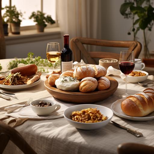 Ultra-realistic photograph set in an elegant dining setting, capturing the essence of a diverse tasting experience. The table, draped with a pristine white tablecloth, is adorned with four distinct dishes, each representing a unique culinary delight. To the left, a basket of freshly baked bułeczki (rolls) emits a warm, inviting aroma. Their golden-brown crust contrasts beautifully with the soft, fluffy interior, and a pat of melting butter on one of the rolls adds to the allure. Next to the basket, a crystal-clear glass is filled with freshly squeezed, vibrant orange sok pomarańczowy (orange juice). The juice glistens in the light, with tiny droplets of condensation on the outside of the glass, suggesting its refreshing coolness. In the center of the table, a bowl of lody truskawkowe (strawberry ice cream) steals the show. The rich, creamy texture of the ice cream is dotted with chunks of real strawberries, and a sprig of mint adds a touch of color and freshness. To the right, a deep dish holds a hearty portion of gulasz (goulash). The rich, savory stew, with tender chunks of meat and vegetables, is garnished with a sprinkle of fresh herbs. The deep reds and browns of the goulash contrast beautifully with the other dishes on the table. In the background, elegant silverware, fine china plates, and crystal glasses are arranged, awaiting the tasting session. Soft ambient lighting casts a warm glow over the scene, enhancing the visual appeal of each dish. Camera: Nikon D850 Lens: Nikon AF-S NIKKOR 50mm f/1.8G Settings: ISO 64, f/3.2, 1/100s Lighting: Soft overhead lighting complemented by candles placed strategically around the table to highlight the textures and colors of the dishes.