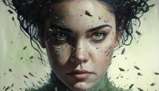 Ultra-realistic portrait of Taylor Hebert, also known as Skitter, standing tall and proud, with her swarm of insects surrounding her in a menacing display of power. Her sharp features and intense gaze capture the essence of her alter ego, exuding an air of confidence and determination. Pale skin, black hair, green eyes. Clear facial features, cinematic, accent lighting, global illumination. --ar 16:9 --q 3