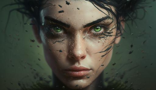 Ultra-realistic portrait of Taylor Hebert, also known as Skitter with her swarm of insects surrounding her. Her sharp features and intense gaze capture her menacing precense, exuding an air of confidence and determination. Pale skin, black hair, green eyes. 3D art, clear facial features, cinematic, accent lighting, global illumination. --ar 16:9 --q 3