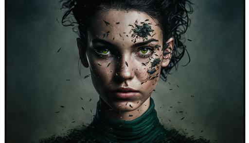 Ultra-realistic portrait of Taylor Hebert, also known as Skitter, standing tall and proud, with her swarm of insects surrounding her in a menacing display of power. Her sharp features and intense gaze capture the essence of her alter ego, exuding an air of confidence and determination. Pale skin, black hair, green eyes. Clear facial features, cinematic, accent lighting, global illumination. --ar 16:9 --q 3