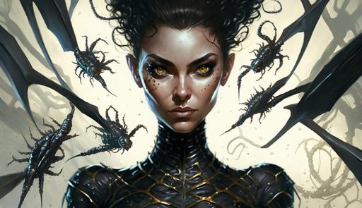 Ultra-realistic portrait of Taylor Hebert, the supervillain known for her control over a swarm of insects. In this portrait, Skitter stands tall and confident, surrounded by a swirling mass of her loyal insect minions. Her appearance is menacing, with her black costume adorned with an intricate web-like design, and a pair of eerie insect wings protruding from her back. Her black hair is pulled back in a sleek ponytail, revealing her sharp, determined features. Clear facial features, cinematic, accent lighting, global illumination --ar 16:9 --q 3