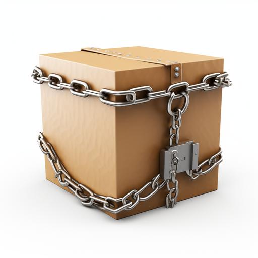 Ultra realistic sealed cardboard box protected by chains and a padlock. White background.