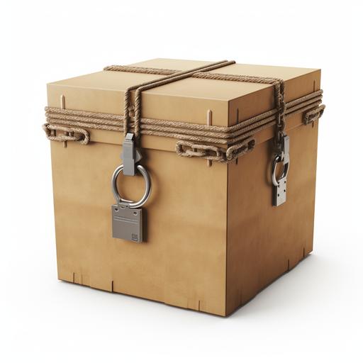Ultra realistic sealed cardboard box protected by chains and a padlock. White background.