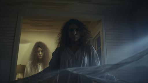 Ultra wide shot, A scary looking ghost figure flies over a sleeping young biracial woman with curly hair in her early 30s, cinematic still, ultra wide shot, naturalistic lighting, shot on film, muted color grading, --ar 16:9