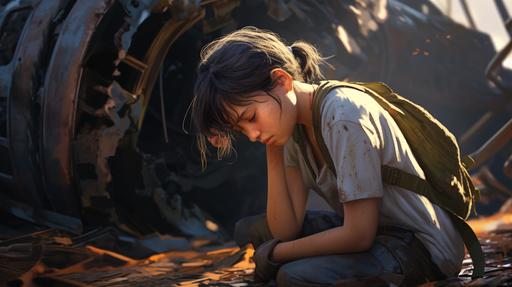 Ultra wide shot of a young adventurer girl with hazel eyes and brunette hair in a ponytail with slightly parted bangs to the left, dressed in cargo shorts and a ranger shirt, partially muddy and sweat, on her knees sobbing at the smoldering wreckage of the crashed latent spaceship, sobbing, on her knees, Dressed poorly. Dirty. Low fog and thick dust in the air, expresive style full body intricate, photographed by Juergen Tellen, stranded in the desert of Socotra island, black and white photograph of a beautiful haunted teenager with a short bobcut in the water, photography by Imogen Cunningham --ar 16:9 --style raw --v 5.2