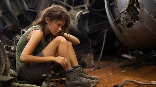 Ultra wide shot of a young adventurer girl with hazel eyes and brunette hair in a ponytail with slightly parted bangs to the left, dressed in cargo shorts and a ranger shirt, partially muddy and sweat, on her knees sobbing at the smoldering wreckage of the crashed airplane, sobbing, on her knees, Dressed poorly. Dirty. Low fog and thick dust in the air, expresive style full body intricate, photographed by Juergen Tellen, stranded in the desert of Socotra island, black and white photograph of a beautiful haunted teenager with a short bobcut in the water, photography by Imogen Cunningham --ar 16:9 --style raw