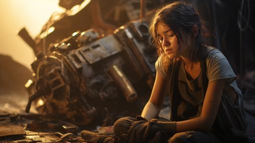 Ultra wide shot of a young adventurer girl with hazel eyes and brunette hair in a ponytail with slightly parted bangs to the left, dressed in cargo shorts and a ranger shirt, partially muddy and sweat, on her knees sobbing at the smoldering wreckage of the crashed latent spaceship, sobbing, on her knees, Dressed poorly. Dirty. Low fog and thick dust in the air, expresive style full body intricate, photographed by Juergen Tellen, stranded in the desert of Socotra island, black and white photograph of a beautiful haunted teenager with a short bobcut in the water, photography by Imogen Cunningham --ar 16:9 --style raw --v 5.2