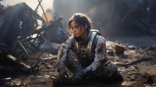 Ultra wide shot of a young astronaut girl with hazel eyes and brunette hair in a ponytail with slightly parted bangs to the left, dressed in a retofuturistic spacesuit, partially muddy and sweat, on her knees sobbing at the smoldering wreckage of the crashed latent spaceship, sobbing, on her knees, Dressed poorly. Dirty. Low fog and thick dust in the air, expresive style full body intricate, photographed by Juergen Tellen, stranded in the desert of Socotra island, black and white photograph of a beautiful haunted teenager with a short bobcut in the water, photography by Imogen Cunningham --ar 16:9 --style raw --v 5.2