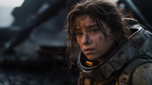 Ultra wide shot of a young astronaut girl with hazel eyes and brunette hair in a ponytail with slightly parted bangs to the left, dressed in a retofuturistic spacesuit, partially muddy and sweat, on her knees sobbing at the smoldering wreckage of the crashed latent spaceship, sobbing, on her knees, Dressed poorly. Dirty. Low fog and thick dust in the air, expresive style full body intricate, photographed by Juergen Tellen, stranded in the desert of Socotra island, black and white photograph of a beautiful haunted teenager with a short bobcut in the water, photography by Imogen Cunningham --ar 16:9 --style raw --v 5.2