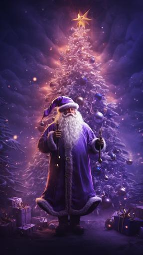 Ultrarealistic, full HD, 4K image of a purple christmas tree with beautiful christmas lights. With santa clause behind the tree and his suit is also purple holding a purple gift. Christmas vibes. --ar 9:16