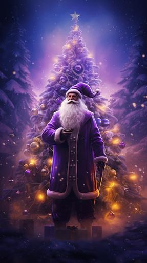 Ultrarealistic, full HD, 4K image of a purple christmas tree with beautiful christmas lights. With santa clause behind the tree and his suit is also purple holding a purple gift. Christmas vibes. --ar 9:16