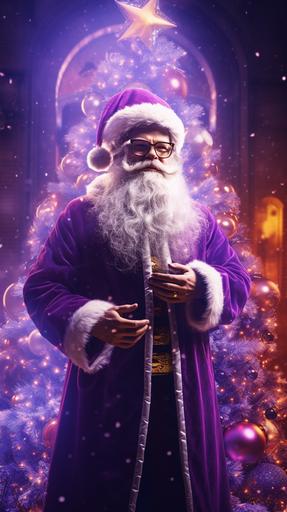 Ultrarealistic, full HD, 4K image of a purple christmas tree with beautiful christmas lights. With santa clause behind the tree and his suit is also purple. Christmas vibes. Main color is purple. Professional lighting. Professional photography. --ar 9:16
