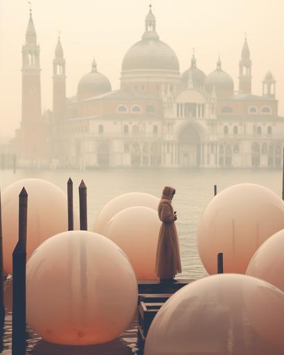 Ultrarealistic photo with a view of Venice with architecture and a two ultrarealistic hardboiled man with elegant brown outfits. All around bubbles made of cotton and soft material. Photo Oleg Oprisco style. Soft, warm and foggy light with soft grey sky during the winter sunset. Brown and earth colors --ar 4:5 --s 150