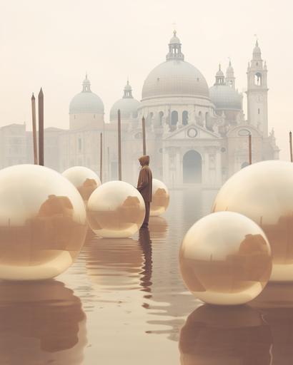 Ultrarealistic photo with a view of Venice with architecture and a two ultrarealistic hardboiled man with elegant brown outfits. All around bubbles made of cotton and soft material. Photo Oleg Oprisco style. Soft, warm and foggy light with soft grey sky during the winter sunset. Brown and earth colors, minimal figures --ar 4:5 --s 150