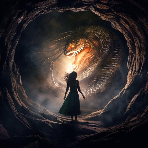 Ultrarelistic photo of Echindna, a Greek legend of a monster, half-woman and half-snake, who lived alone in a cave. She was the mate of the fearsome monster Typhon and was the mother of many of the most famous monsters of Greek myth. 8K. Super High Definition.