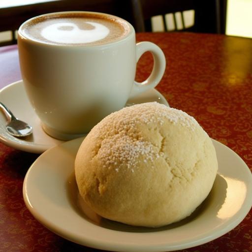 Um delicioso café da manhã com pão de queijo quentinho e uma xícara de café, servido em uma acolhedora cafeteria chamada 