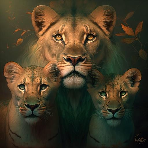 Uma familia de leao com uma leoa adulta e dois filhotes dos olhos verdes em cima de uma rocha com a luz do dia
