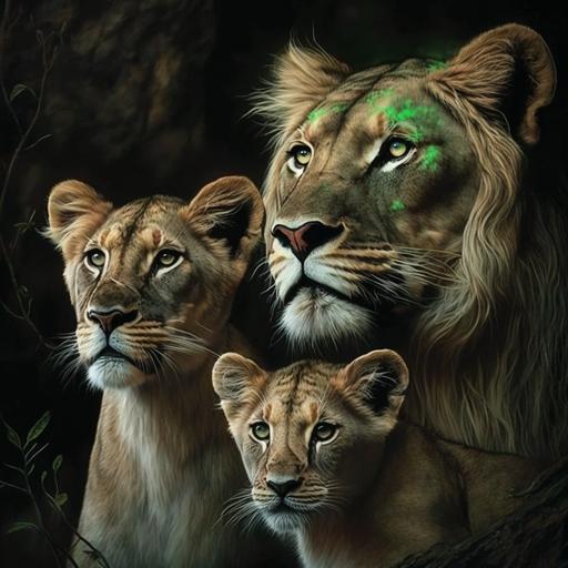 Uma familia de leao com uma leoa adulta e dois filhotes dos olhos verdes em cima de uma rocha com a luz do dia
