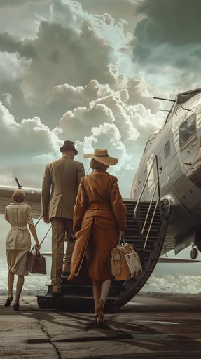 Un grupo de pasajeros, vestidos con trajes elegantes de la década de 1930, subiendo a un avión en un muelle en un aeropuerto , mientras un piloto les da la bienvenida desde la escalera, plano general, estilo hiperrealista. --ar 9:16
