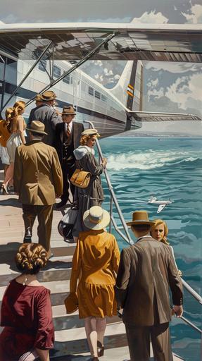 Un grupo de pasajeros, vestidos con trajes elegantes de la década de 1930, subiendo a un hidroavión en un muelle junto al mar, mientras un piloto les da la bienvenida desde la escalera, plano general, estilo hiperrealista. --ar 9:16