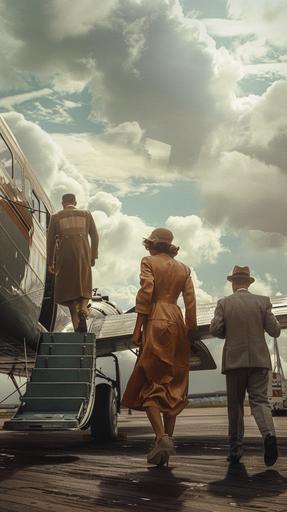 Un grupo de pasajeros, vestidos con trajes elegantes de la década de 1930, subiendo a un avión en un muelle en un aeropuerto , mientras un piloto les da la bienvenida desde la escalera, plano general, estilo hiperrealista. --ar 9:16