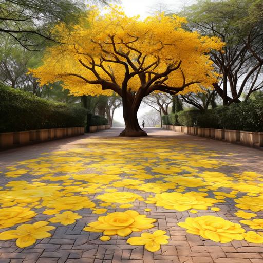 Un hermoso arbol de tajibo de flores amarillas super realista en primer plano en un ambiente natural al aire libre en el cula el piso es de pavimento de ladrillo pavers resaltando la naturalez en alta definicion