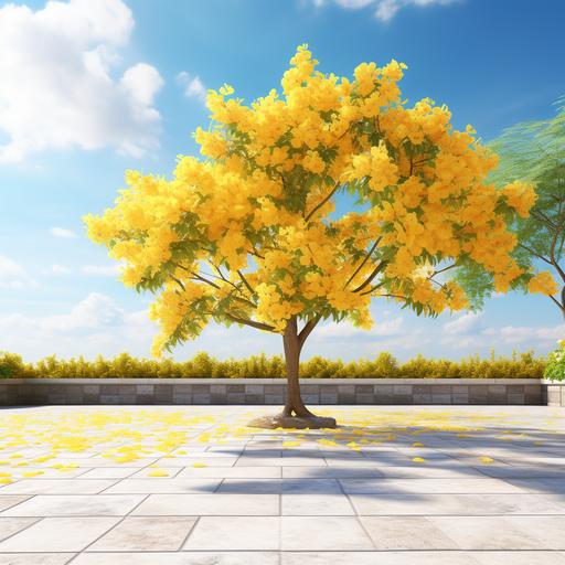 Un hermoso arbol de tajibo de flores amarillas super realista en primer plano en un ambiente natural al aire libre en el cula el piso es de pavimento de ladrillo pavers resaltando la naturaleza con un cielo celeste con sol resaltando el pavimento 4k Realistic