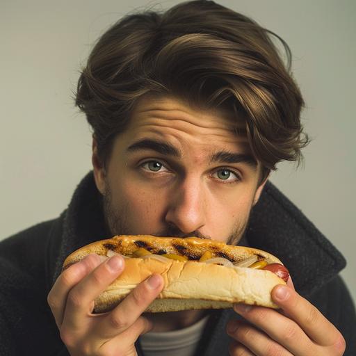 Un hombre blanco de unos 20 años con cabello castaño comiendo un hot dog sin moño. No debe haber pan ni condimentos, sólo el hot dog crudo. El hot dog debería tener la marca Sony.