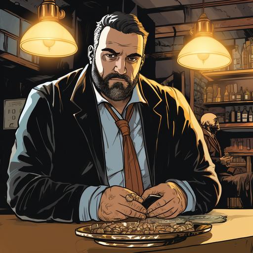 Un personaggio per un nuovo fumetto. Un grasso obeso mafioso siciliano ciccione. è in un bar in Sicilia che mangia dei cannoli alla crema. è vestito con diamanti collane d'oro da trapper. Fumetto capolavoro