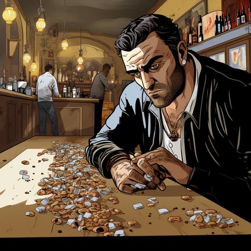 Un personaggio per un nuovo fumetto. Un grasso obeso mafioso siciliano ciccione. è in un bar in Sicilia che mangia dei cannoli alla crema. è vestito con diamanti collane d'oro da trapper. Fumetto capolavoro