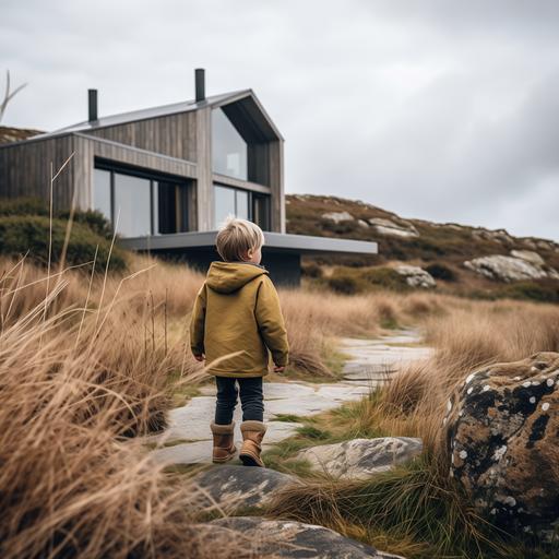 Un petit garçon blond de 6 ans triste, devant une grande maison contemporaine dans un paysage de Bretagne et de tempête. La maison est très design et cubique, avec beaucoup de baies vitrées
