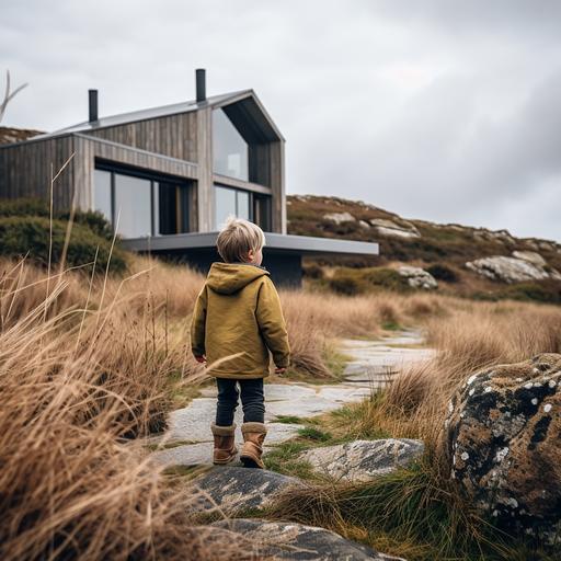 Un petit garçon blond de 6 ans triste, devant une grande maison contemporaine dans un paysage de Bretagne et de tempête. La maison est très design et cubique, avec beaucoup de baies vitrées