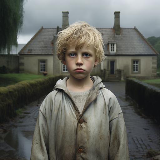 Un petit garcon blond de 6 ans triste, devant une grande maison contemporaine dans un paysage de bretagne et de tempête