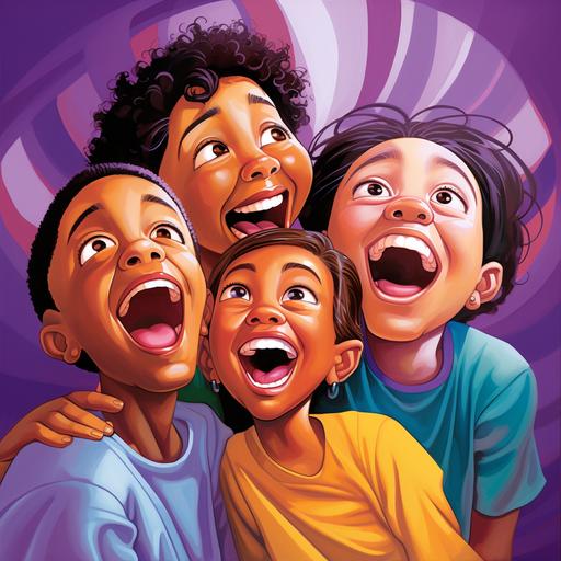 Una fantasma de color morado, estilo cartoon of 3 multicultural children laughing