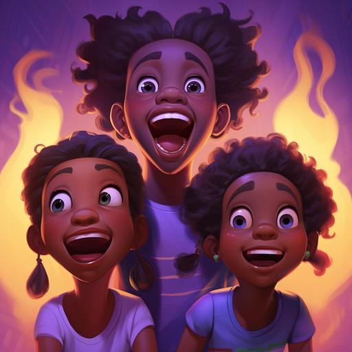Una fantasma de color morado, estilo of 3 animated african american children laughing