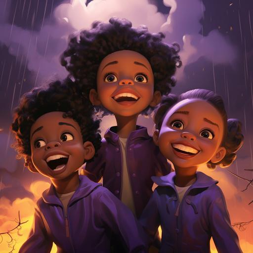 Una fantasma de color morado, estilo of 3 animated african american kids laughing with a gloomy cloud behind them