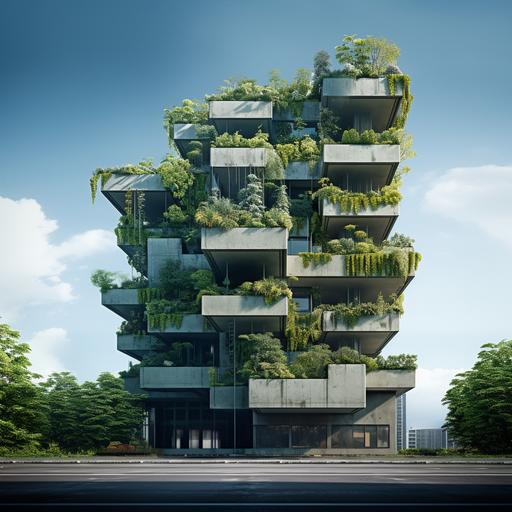 Una foto de un edificio icónico construido con cemento sostenible, con un cielo azul brillante de fondo y un primer plano de hojas verdes